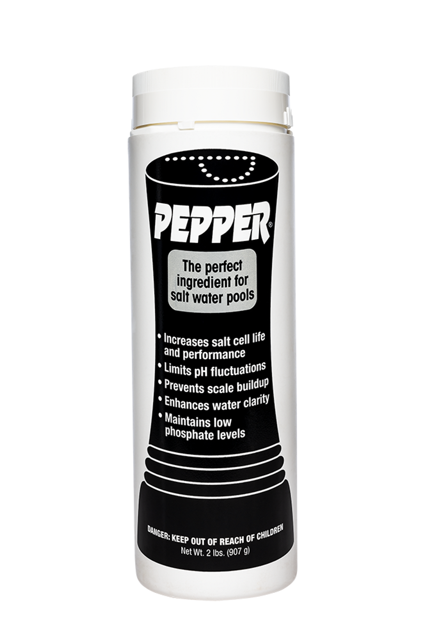 The Pepper Salt Water Pool Maintenance Chemical Balancer (PEP2) by Pool Goods is designed to enhance salt cell life, improve sanitizer efficiency, limit pH fluctuations, prevent scale buildup, and maintain pool clarity and phosphate levels. Net weight: 2 lbs (907 g).