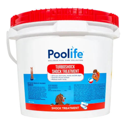 White bucket with red lid labeled 'Poolife TurboShock Shock Treatment' on a white background