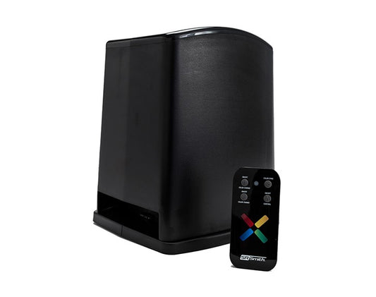 The SR Smith Fiber Optic Illuminator 6004 by SR SMITH is a black air purifier with a remote control featuring colored buttons, set against a white background, reminiscent of an illuminator base design.