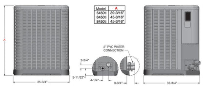 The Raypak Digital Pool Heat/Cool Pump 140,000 BTU 240V, model 016037, features front and side view technical diagrams with dimensions and water connection details. Integrated digital controls make it perfect for pool and spa environments, efficiently functioning as a heat pump.