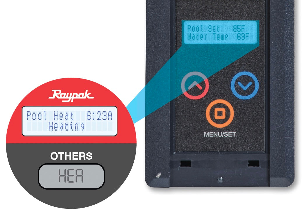 The Raypak Digital Pool Heat/Cool Pump 140,000 BTU 240V displays settings: Pool Set 85°F, Water Temp 65°F. Another screen shows: Pool Heat, 6:23A, Heating. Its efficient titanium heat exchanger offers durable performance for optimal heating.