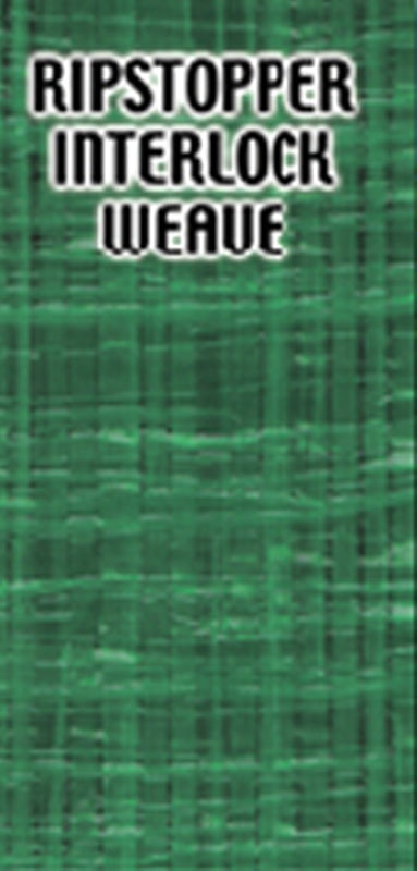 A close-up of green fabric with a visible grid pattern labeled "RIPSTOPPER INTERLOCK WEAVE" in bold text at the top, highlighting the durability of the SWIMLINE CORP. 18' x 36' RE RIPSTOPPER COVER winter pool cover.