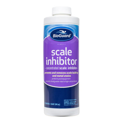 A 1-quart (946 mL) bottle of Pool Goods BioGuard Scale Inhibitor (23902BIO), ideal for salt cell generators, prevents and removes scale formation and metal stains in pool water.