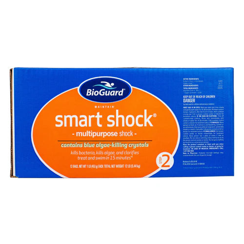 Box of BioGuard Smart Shock (22947BIO), known for its algae-fighting power, effectively treats and clarifies pools with blue algae-killing crystals.