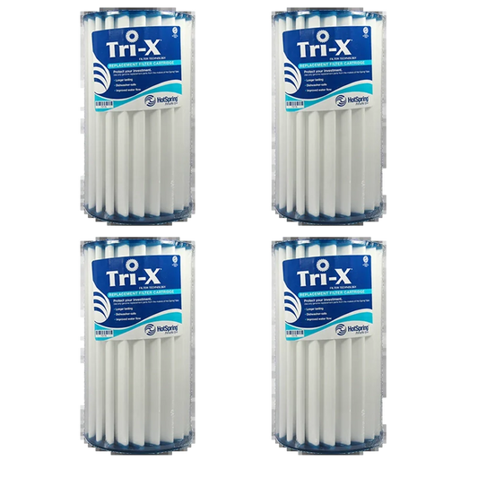 Hot Spring Watkins Sovereign Tri-X Filters Set of 4 by Hot Spring offers advanced three-dimensional filtration, featuring multiple white cylindrical filters in clear plastic packaging for superior spa performance.