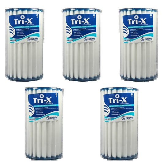 A set of five Hot Spring Watkins Aria Tri-X Filters, known for their durability, is arranged in a grid pattern against a white background.