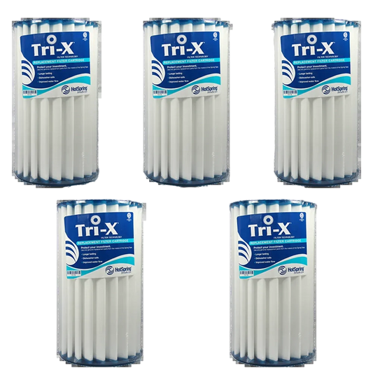 A set of five identical Hot Spring Watkins Envoy Tri-X Filters, known for advanced 3D filtration, are displayed against a white background.